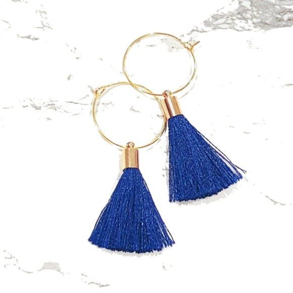 Blue and Gold Hoop Tassel Earrings - Picture 4 of 4